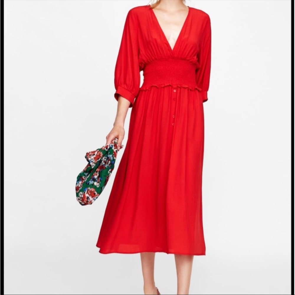 Zara Red Elastic Waist Midi Dress